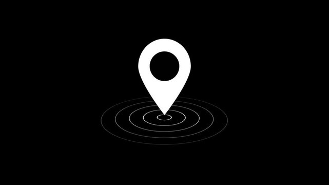 Simple white location pin icon on a solid black background representing a destination or point of interest