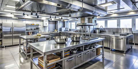 Fototapeta premium A spacious stainless steel kitchen features multiple workstations equipped with equipment for cooking. Natural light streams through the windows, enhancing the professional atmosphere