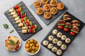 Top View of Modern Finger Foods for Buffet or Party &ndash; Balanced Color and Texture Styling