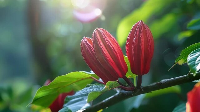 Three red tropical flower buds are growing on a branch, illuminated by the sun shining through the surrounding rainforest canopy