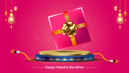 Happy Raksha Bandhan with Rakhi festival background. Rakhi concept and product, gift display podium stage design.