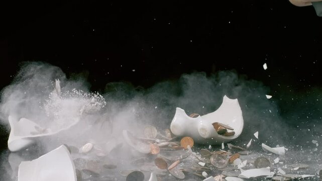 Slow motion shot of a Piggy Bank being smashed open