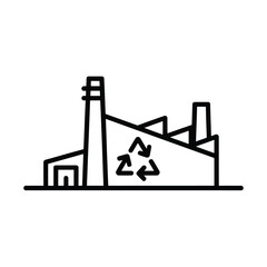 Stylized factory building with a recycling symbol on its side