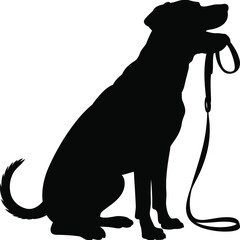 Silhouette of a Dog Sitting with a Leash, Transparent Background.