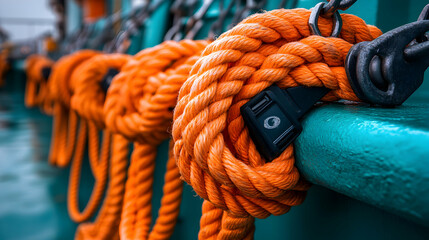 Close-up of vibrant orange nautical ropes coiled on a teal-colored ship's deck, showcasing texture and maritime details.