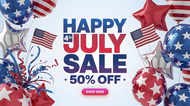 Patriotic display celebrating Fourth of July with American flags, balloons, and a fifty percent off sale promotion. - Powered by Adobe