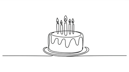 Minimalist single line drawing of a birthday cake with five lit candles