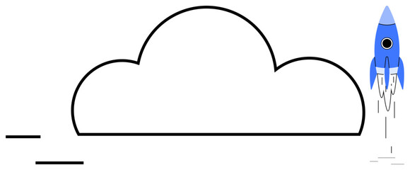 Blue rocket blasting off beside a cloud outline symbolizes innovation, progress, technology, startup growth, speed, cloud computing, and exploration. Ideal for startups, innovation technology