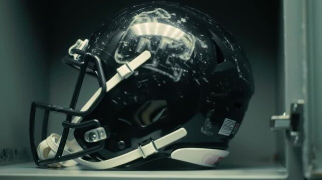 Scuffed American football helmet, dark and moody, representing grit and competition, in a locker