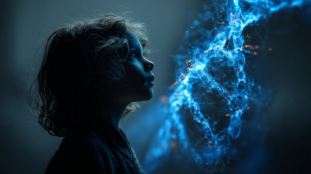 Child gazes in wonder at glowing DNA strand symbolizing gene editing and CRISPR technology advancing future science and health