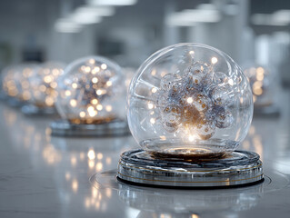 Gene editing and CRISPR technology inspire this futuristic glowing molecular structure inside glass sphere displayed on reflective surface