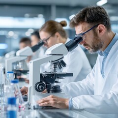 Professional Medical Researchers Diverse Team of Scientists and Doctors Actively Working in a Modern Laboratory with Microscopes