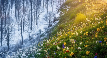 Stunning contrast of winter snow and vibrant spring meadow in sunlight