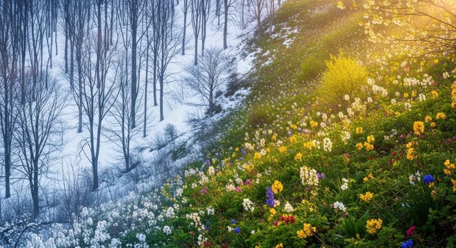 Stunning contrast of winter snow and vibrant spring meadow in sunlight