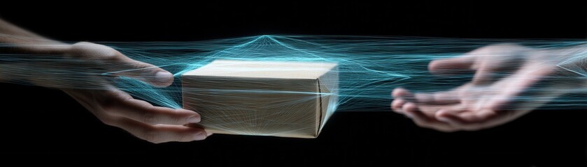 Hands passing package through digital interface