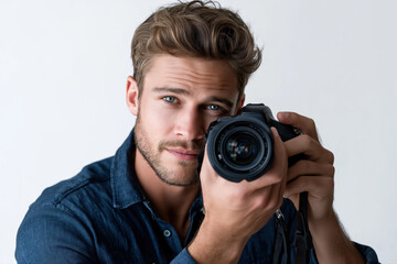 Fototapeta premium A professional photographer young handsome holding a camera long lens in front of the lens, looking at the camera with an eye on a white background.