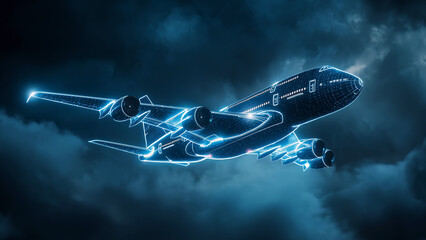 Glowing 3D wireframe of futuristic airplane floats in night sky, radiating neon blue light. Concept visualization of airplane, futuristic aviation technology and modern aircraft innovation