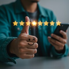 Customer gives a thumbs up with five star rating and smiley face on thumb