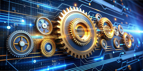 Fototapeta premium Golden gears are meticulously arranged against a vibrant digital background filled with circuit patterns and glowing lines, representing advanced technology and innovation