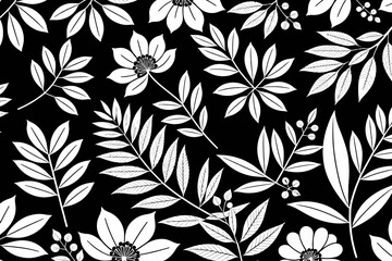 Monochrome Floral Pattern Design- Black and White Flower Art- Elegant Botanical Background for Fabric- Wallpaper and Creative Projects- Seamless Nature Illustration