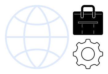 Globe outline represents global connectivity, gear symbolizes industry and machinery, and briefcase conveys business. Ideal for economy, strategy, management, collaboration, commerce, innovation