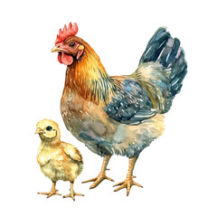 A Mother Chicken With Her Kid, watercolor vector, isolated on a white background.