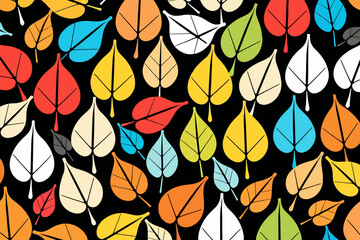 Colorful Autumn Leaves Pattern on Black Background- Modern Fall Design- Vibrant Leaf Art for Backgrounds- Seasonal Textile Print- Bold & Bright Autumnal Illustration