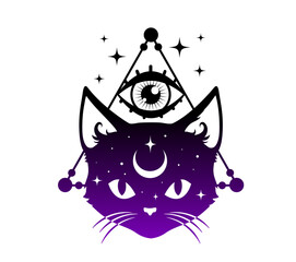 Vector illustration of a mystical black cat face with a third eye on its forehead, a crescent moon, stars, and an earring. The design blends spiritual and magical symbolism, ideal for witchcraft theme