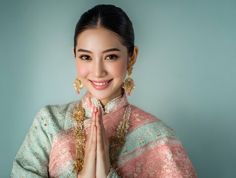 A beautiful young Thai woman wearing contemporary traditional Thai dress, performing the wai greeting gesture with a gentle smile