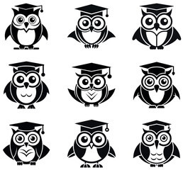 Graduate Owl Icons Collection silhouette vector design