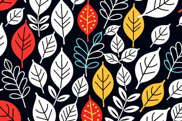 Colorful Leaf Pattern Design on Black-Abstract Leaf Art-Modern Botanical Illustration-Autumn Foliage Print-Nature Inspired Graphic-Decorative Leaf Background