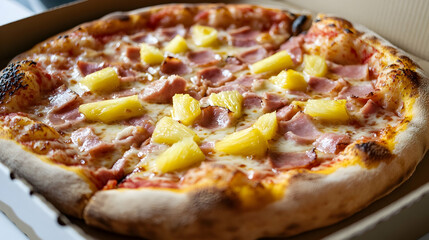 Close-up of a fresh hawaiian pizza with ham and pineapple in a cardboard box