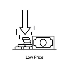 Icon representing a decrease in price with coins and a banknote