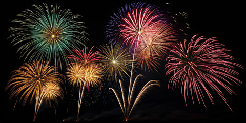 Fototapeta premium Fireworks in the night sky. A summer festival. Sparks. A summer tradition. Festivals.