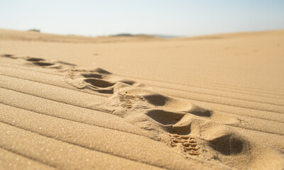 A clear line of footprints stretches across a vast, rippled sand dune under a bright sky.