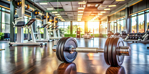 Fototapeta premium A single dumbbell rests on a polished wooden floor in a modern gym