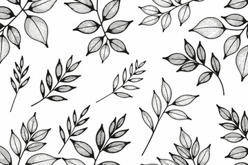 Minimalist Leaf Pattern - Black and White Botanical Art - Elegant Foliage Design - Simple Nature Illustration - Seamless Floral Background