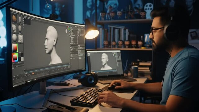 Professional 3D Artist and Game Developer Creating a Digital Character Sculpture in a Home Studio at Night. Focused Designer Using Advanced Software for CGI and Animation on a Curved Monitor.