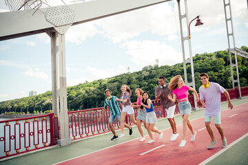 Group of young friends enjoying a cheerful walk on a vibrant day outdoors during summer