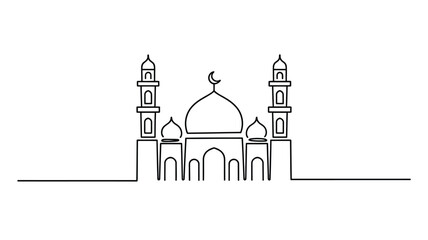 Minimalist black line art drawing of a mosque with domes and minarets on a white background