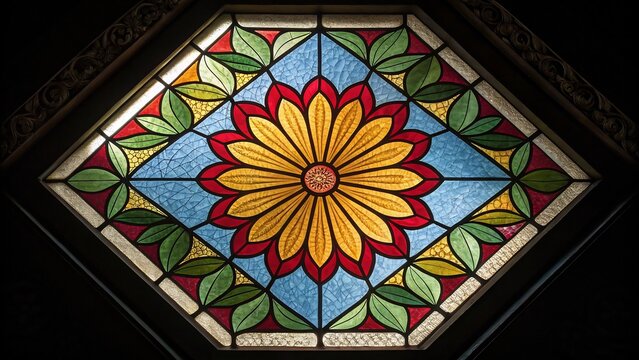 A stained glass window features a colorful floral design with geometric patterns