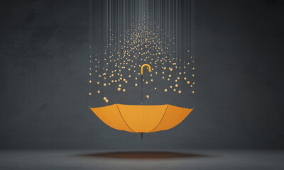 Tiny golden droplets rain down into an open orange umbrella against a dark grey background.