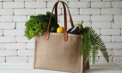 A reusable jute shopping bag filled with fresh vegetables and a fern sits against a white brick wall.