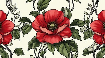 Detailed botanical illustration of red flowers and foliage on a cream background.
