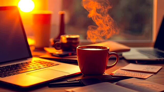 Warm morning coffee steaming beside laptops and notes, with sunlight streaming through window