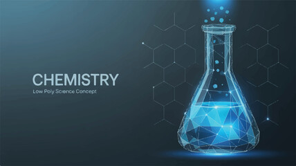Chemistry Experiment: A captivating low poly illustration of a laboratory flask brimming with glowing, vibrant liquid against a cool-toned backdrop, embodying the essence of scientific exploration.