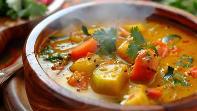 Hearty and aromatic vegetable curry is being served in a rustic wooden bowl, garnished with fresh cilantro. The warm spices and vibrant colors of the dish evoke the rich flavors of indian cuisine