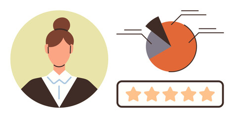 Woman in formal attire, pie chart illustrating data distribution, and a 5-star rating badge. Ideal for performance review, user feedback, analytics, business evaluation, customer success, HR career
