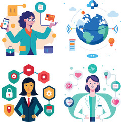 Vector art of women in business and healthcare, global technology concepts