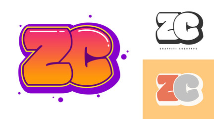 ZC logo design for festival or party. Initial letter z and c in graffiti style. Creative modern lettering company name of font typography. Kids trendy logotype or identity.
